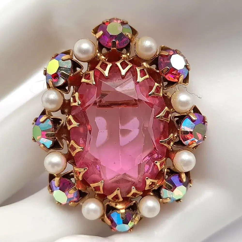 Vintage Signed JEWEL Pink Glass Brooch, Aurora Borealis Rhinestones, Faux Pearls